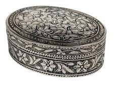 Antique Victorian French Dutch 900 Silver Oval Floral Etched Small Trinket Box picture