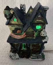 Vintage Illuminated Porcelain HAPPY HALLOWEEN Haunted House RIP Ghosts Light picture