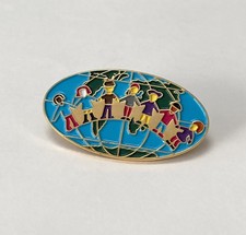 Vintage Kids Of The World United Enamel Pin Kids Holding Hands Over Planet Earth picture