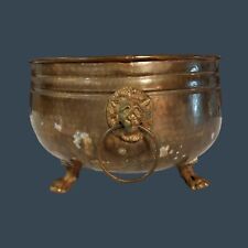 Antique Hammered Brass Jardiniere Planter Footed Lion Heads Paws picture