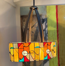 Gorgeous Tiffany Style Stain Glass Chandelier Light w/Embellishments Mid Century picture