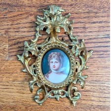 Antique Miniature Portrait Painting on Porcelain Ornate Gold Rococo Frame 6.5in picture