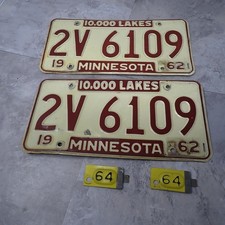 Vintage 1962 Minnesota License Plates Pair 10000 Lakes 2V 6109 with 1964 Tabs picture