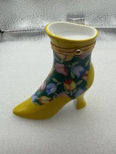 Vintage Fait Main Limoges Porcelain Hinged Boot Trinket Clasp Close Yellow Green picture