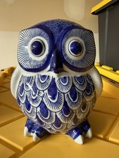 Blue & White Ceramic Owl Figurine Collectible Bird Animal Class Decor picture