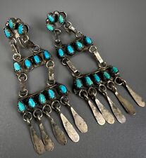 OLD Vintage Zuni Sterling Silver Petite Point Turquoise Dangle Earrings 2.5” picture