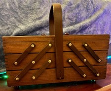 Vintage Wooden 3-Tier Accordion Sewing Box See Description picture
