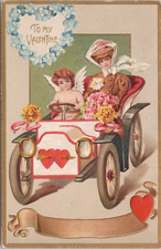 LITHO Valentine's Day Pretty Woman with Cupid Driving Automobile 1909 Illinois picture
