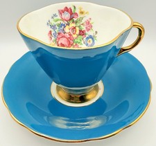 Vintage CLARENCE England Turquoise Rose Floral Bouquet Cup & Saucer Teacup picture