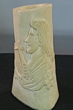 Vintage Hand Carved Lyre Look Woman Playing Harp Floral Vase Signed 4.25