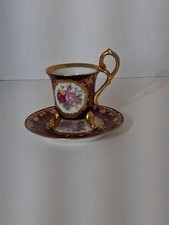Ohashi China 1932 Demitasse Cup Saucer Set Maroon Burgundy Gold Footed Floral picture