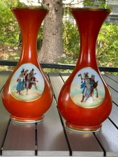 Pair Antique Mid 1860s Hand Painted Russian 15” Burnt Orange Opaline Glass Vases picture