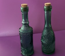 Vintage Pair of 2 Emerald Green Pressed Glass Miniature Bottles with Corks  picture