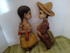Vintage Wall Folk Art Mexican Girl and Boy Carved Out Of Wood Pair 13