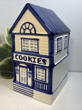 Vintage CKAO Blue and White Ceramic Cookie Jar House Cottage picture