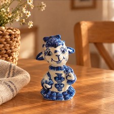 Handmade Gzhel Porcelain Goat Figurine Hand Painted Blue White Zodiac 3.5