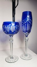 Vintage Set Of 2 Oversize Mismatched Cobalt Blue Cut To Clear Crystal Barware picture
