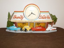 VINTAGE 1988 BURWOOD FAMILY DRIVE IN OLD CARS HOT DOGS BURGER PLASTIC WALL CLOCK picture