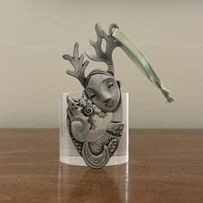 LEANDRA DRUMM American Pewter Ornament Reindeer Girl w/ Fox, Handmade in the USA picture