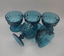 Vtg S/5 Whitehall Indiana Glass Colony Riviera Blue Cubist Footed Sherbert Glass picture