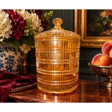 Exceptional Vintage Peach Carnival Glass Biscuit Jar Jeannette Attributed 9.5