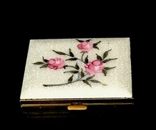 Vintage Guilloche Enamel Floral Brass Compact Powder Mirror picture
