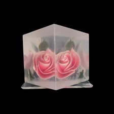 Vintage Frosted Acrylic Pink Rose Pyramid Paperweight Floral Art Sculpture picture