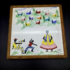 Vintage Izabel Christina Brazilian Folk Art Hand Painted Ceramic Tile Framed 91 picture