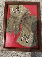 Native American Handmade Beaded Leather Gauntlet Gloves in Display Frame picture