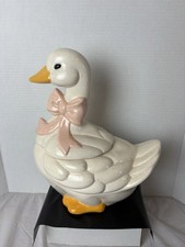 Vintage Ceramic Goose Cookie Jar 1980s Country Farmhouse Pink Bow Cottagecore picture