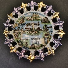 Illinois State Souvenir Plate Pierced Reticulated Edge Gold 1950s picture