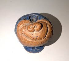 Vintage Folk art pottery Face Incense Burner Holder Derpy blue brown Mid Century picture