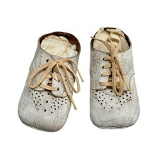 Vintage Leather Baby Shoes White Display Nursery Decor Keepsake Infant 4in picture