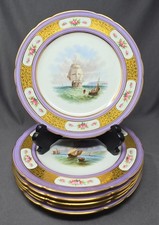 Set 6 Minton Lavender and Hand Painted Ship Scenes 9 1/4
