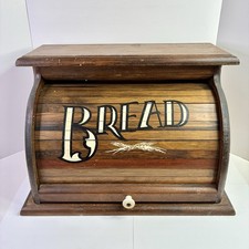 Knock On Wood Brown Wooden Roll Top Bread Box Farmhouse Kitchen Storage Vintage picture