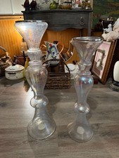 Vintage Iridescent Glass Candle Holders Pearl Luster Tall Candlesticks picture
