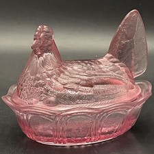Fenton Pink Split Tail Hen on Nest Salt Cellar Candy Dish c1990s USA 4.25