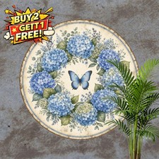 Hydrangea Floral Wreath Blue Butterfly Tin Sign Round Spring Metal Plaque picture