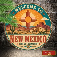New Mexico Southwestern Desert Landscape Zia Sun Welcome Round Metal Sign 8x8 picture