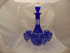 Bohemian Cobalt Decanter w/Stopper and 6 Small Cordial Glasses Cut Glass MINT picture
