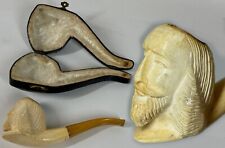 Antique William Shakespeare Carved Meerschaum Pipe w/ Matching Leather Case picture
