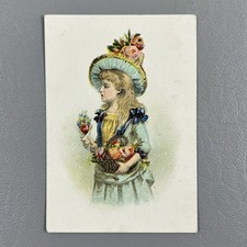 Victorian Trade Card Woman Blue Dress Hat Basket Of Flowers Bouquet 4.25