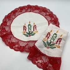 Set 2 Vtg Embroidered Christmas Doily Candle Lace Red White Kitsch Handmade 13