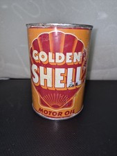 Original 1940s GOLDEN SHELL MOTOR OIL Soldered Tin 5 qt Can Gas Advertising picture