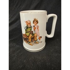 Vintage 1986 Norman Rockwell The Cobbler Coffee Mug The Museum Gold Trim White picture