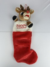 VTG 1992 Gemmy Rudolph Plush Christmas Stocking Light Up Red Nose Singing 23