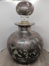 Large Antique Sterling Silver Daisy Floral Overlay Decanter Bottle picture