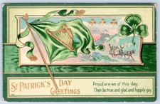 1907-10's ST PATRICK'S DAY GREETINGS SHAMROCKS FLAG VICTORIAN EMBOSSED POSTCARD picture