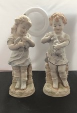 Pair Vintage Bisque Porcelain Figurines Boy w Rabbit/Girl w Dove 13