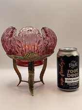 Vintage Fenton Pink Glass Empress Lotus Leaf Rose Bowl Candle Cup W/Brass Stand picture